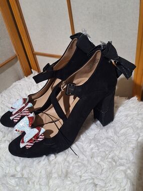 Black Suede Block Heel Mary Jane Pumps with Decorative Bows